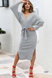 Anokhinaliza Surplice Neck Bow Waist Slit Sweater Dress