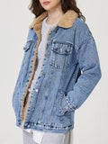 Anokhinaliza Button Up Collared Neck Plush Denim Jacket