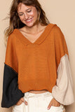 Anokhinaliza POL Exposed Seam Roll Edge Color Block V Neck Sweater