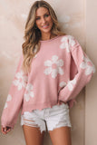 Anokhinaliza Pearl Trim Flower Round Neck Sweater