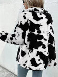 Anokhinaliza Cow Print Collared Neck Button Up Fuzzy Jacket