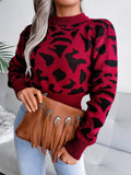 Anokhinaliza Leopard Round Neck Dropped Shoulder Sweater