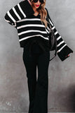 Anokhinaliza Striped Johnny Collar Long Sleeve Sweater