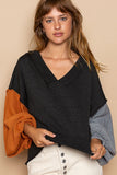 Anokhinaliza POL Exposed Seam Roll Edge Color Block V Neck Sweater