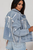 Anokhinaliza Sequin Fringe Trim Distressed Button Up Denim Jacket