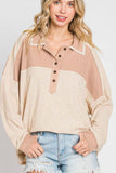 Anokhinaliza Waffle-Knit Color Block Half Button Long Sleeve Top