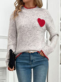 Anokhinaliza Perfee Contrast Heart Round Neck Long Sleeve Sweater