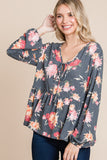 Anokhinaliza Super Lady Full Size Babydoll Floral Long Sleeve Blouse