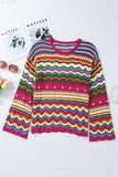 Anokhinaliza Openwork Contrast Round Neck Flare Sleeve Knit Top