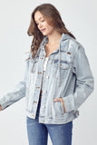 Anokhinaliza RISEN Full Size Distressed Drawstring Hooded Denim Jacket