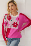 Anokhinaliza Flower Color Block Round Neck Sweater