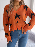 Anokhinaliza Star Pattern Distressed V-Neck Cropped Sweater