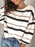 Anokhinaliza Contrast Striped Round Neck Long Sleeve Sweater