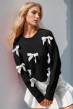 Anokhinaliza Double Take Full Size Bow Cable-Knit Round Neck Sweater