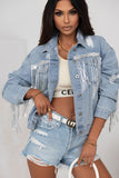 Anokhinaliza Sequin Fringe Trim Distressed Button Up Denim Jacket