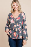 Anokhinaliza Super Lady Full Size Babydoll Floral Long Sleeve Blouse