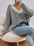 Anokhinaliza Striped V-Neck Long Sleeve Sweater