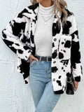 Anokhinaliza Cow Print Collared Neck Button Up Fuzzy Jacket