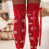 Anokhinaliza Christmas Element Bowknot Ribbed Trim Over Knee Stockings