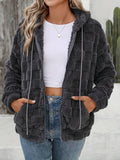 Anokhinaliza Checkered Texture Zip Up Drawstring Fuzzy Jacket