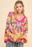 Anokhinaliza Davi & Dani Floral Contrast V-Neck Dropped Shoulder Sweater