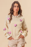 Anokhinaliza BiBi Ruffled Crochet Flower Dropped Shoulder Sweater