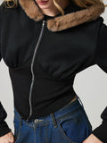 Anokhinaliza Zip Up Long Sleeve Fuzzy Hem Hooded Jacket