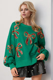 Anokhinaliza Double Take Christmas Bow Sequin Round Neck Dropped Shoulder Sweatshirt