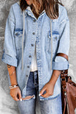 Anokhinaliza Distressed Button Up Hooded Denim Jacket with Pockets