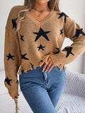 Anokhinaliza Star Pattern Distressed V-Neck Cropped Sweater