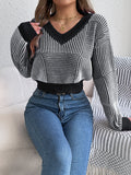 Anokhinaliza Striped V-Neck Long Sleeve Sweater