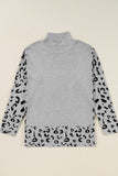 Anokhinaliza Slit Leopard Mock Neck Dropped Shoulder Sweater