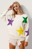 Anokhinaliza Double Take Sequin Star Round Neck Dropped Shoulder Sweater