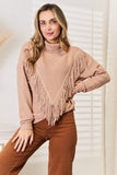 Anokhinaliza Woven Right Turtleneck Fringe Front Long Sleeve Sweater