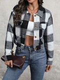 Anokhinaliza Perfee Plaid Button Up Drop Shoulder Cropped Jacket