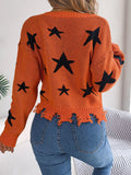 Anokhinaliza Star Pattern Distressed V-Neck Cropped Sweater