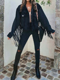 Anokhinaliza Fringe Button Up Long Sleeve Denim Jacket