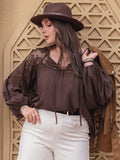 Anokhinaliza Plus Size Lace Detail Tie Neck Long Sleeve Blouse