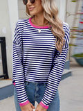 Anokhinaliza Striped Contrast Round Neck Long Sleeve Sweater