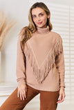 Anokhinaliza Woven Right Turtleneck Fringe Front Long Sleeve Sweater