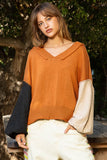 Anokhinaliza POL Exposed Seam Roll Edge Color Block V Neck Sweater