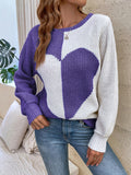 Anokhinaliza Contrast Heart Round Neck Long Sleeve Sweater