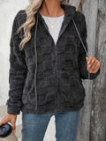 Anokhinaliza Checkered Texture Zip Up Drawstring Fuzzy Jacket