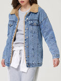 Anokhinaliza Button Up Collared Neck Plush Denim Jacket