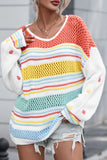 Anokhinaliza Hollow Striped Color Block Round Neck Sweater