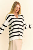 Anokhinaliza Davi & Dani High-Low Side Slit Striped Johnny Collar Sweater