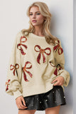 Anokhinaliza Double Take Christmas Bow Sequin Round Neck Dropped Shoulder Sweatshirt