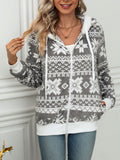 Anokhinaliza Drawstring Snowflake Zip Up Hooded Outerwear