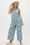 Anokhinaliza BiBi Star Print Half Zip Sleeveless Denim Jumpsuit