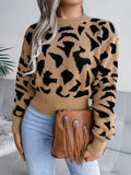 Anokhinaliza Leopard Round Neck Dropped Shoulder Sweater